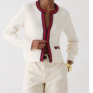 J crew NWT Emilie sweater in cream with red piping down middle size small